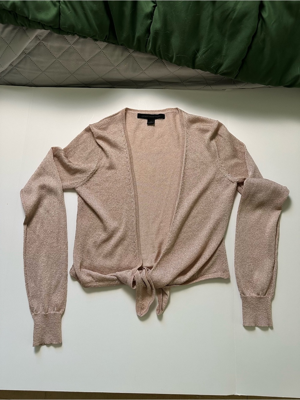 Vintage Express Light Pink Rose Metallic Knit Tie Front Sweater
